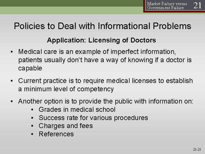 Market Failure versus Government Failure 21 Policies to Deal with Informational Problems Application: Licensing Market Failure versus Government Failure 21 Policies to Deal with Informational Problems Application: Licensing