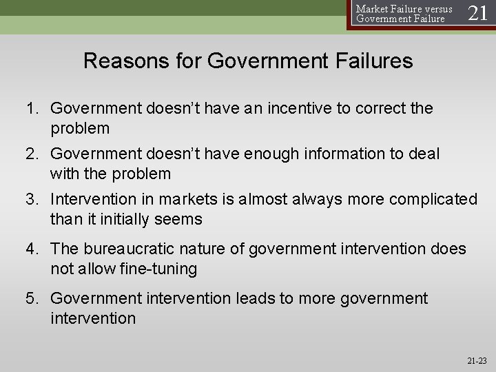 Market Failure versus Government Failure 21 Reasons for Government Failures 1. Government doesn’t have Market Failure versus Government Failure 21 Reasons for Government Failures 1. Government doesn’t have