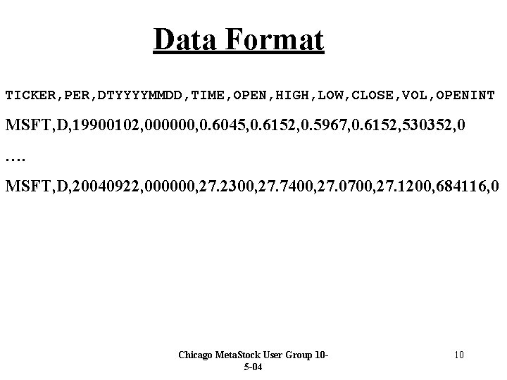 Data Format TICKER, PER, DTYYYYMMDD, TIME, OPEN, HIGH, LOW, CLOSE, VOL, OPENINT MSFT, D,