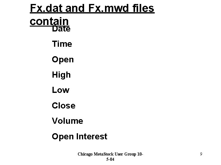 Fx. dat and Fx. mwd files contain Date Time Open High Low Close Volume