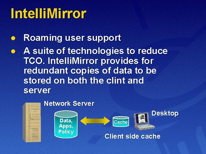 Intelli. Mirror l l Roaming user support A suite of technologies to reduce TCO.