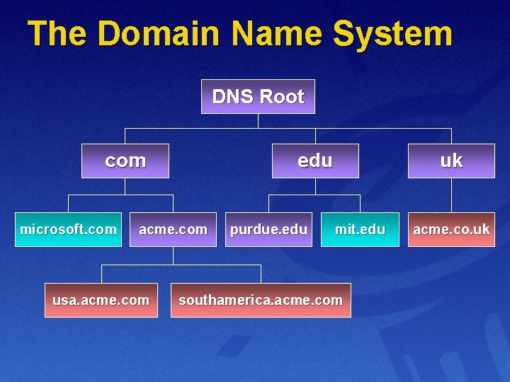 The Domain Name System DNS Root com microsoft. com edu acme. com usa. acme.