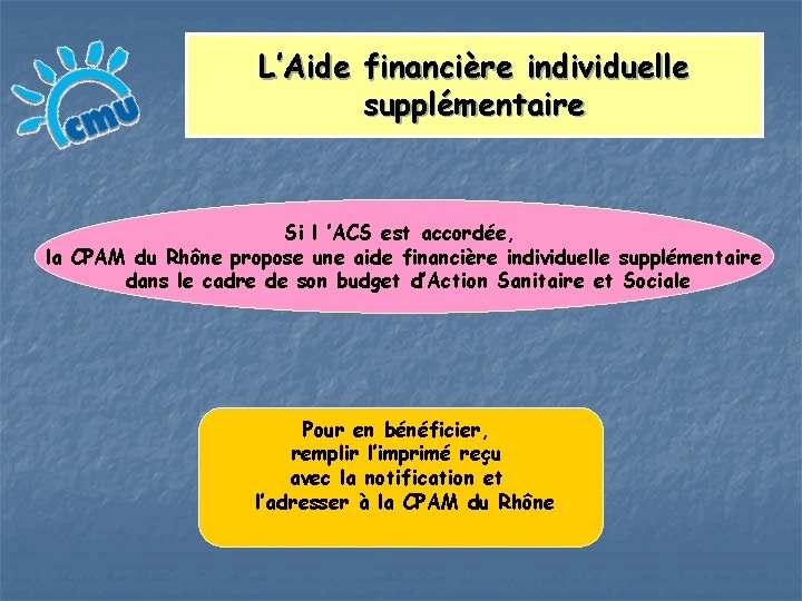 L’Aide financière individuelle supplémentaire Si l ’ACS est accordée, la CPAM du Rhône propose