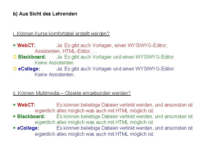 b) Aus Sicht des Lehrenden i. Können Kurse komfortabel erstellt werden? + Web. CT: