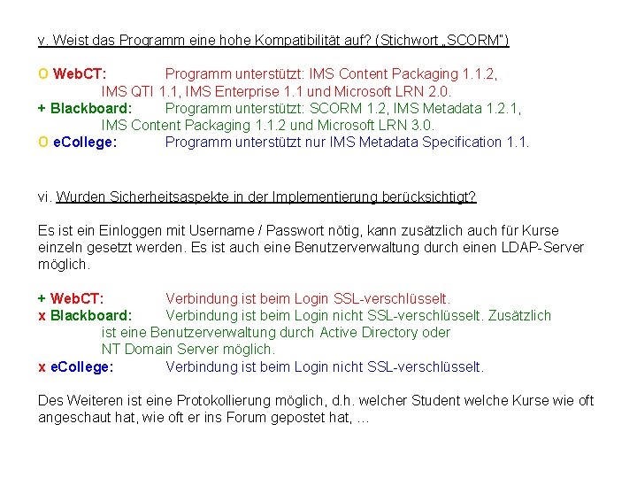 v. Weist das Programm eine hohe Kompatibilität auf? (Stichwort „SCORM“) O Web. CT: Programm