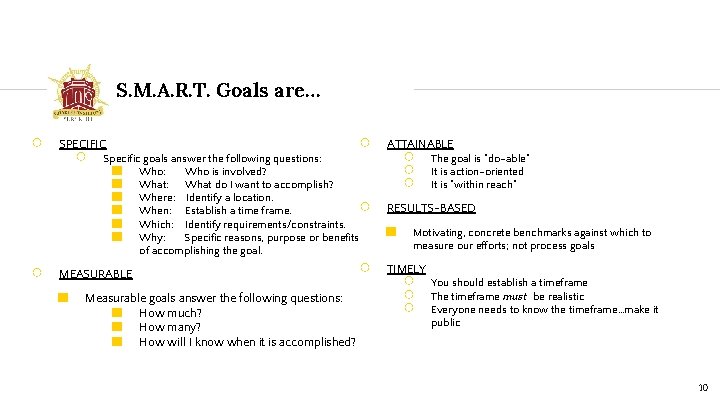 S. M. A. R. T. Goals are… ○ ○ SPECIFIC ○ ■ ■ ■