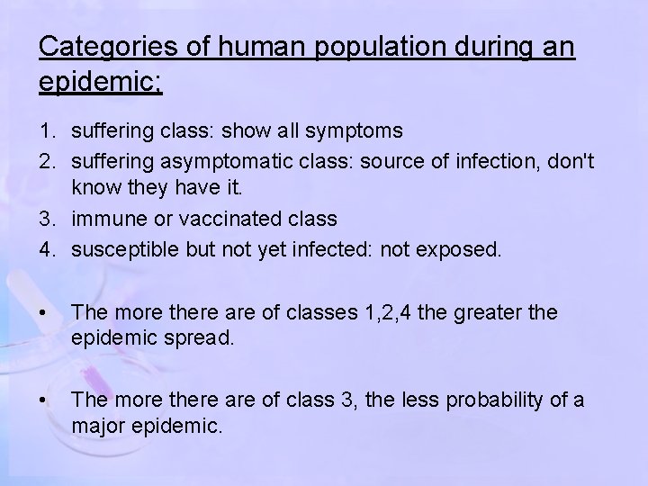 Categories of human population during an epidemic; 1. suffering class: show all symptoms 2.