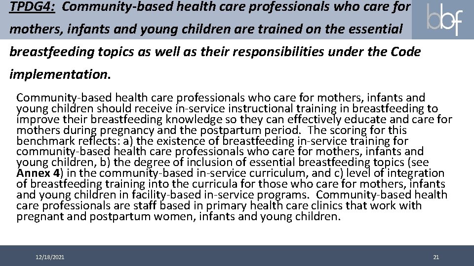 TPDG 4: Community-based health care professionals who care for mothers, infants and young children