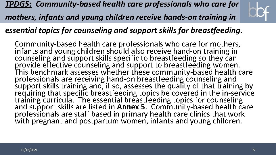 TPDG 5: Community-based health care professionals who care for mothers, infants and young children