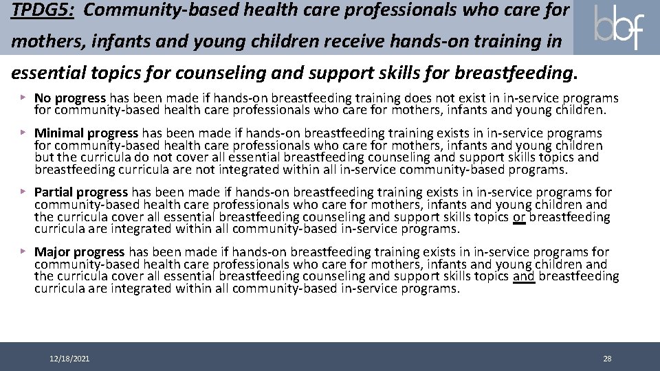 TPDG 5: Community-based health care professionals who care for mothers, infants and young children