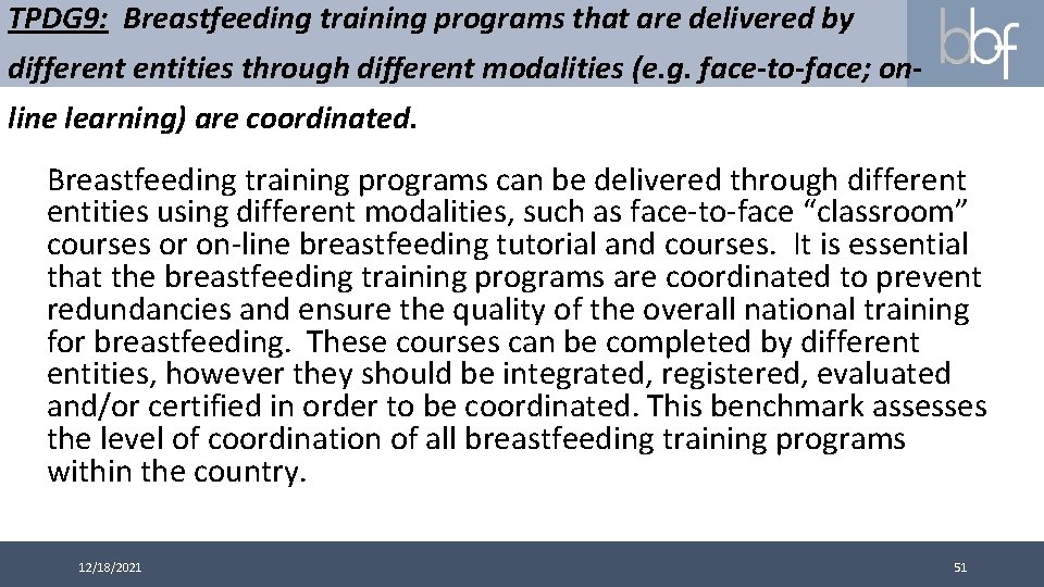 TPDG 9: Breastfeeding training programs that are delivered by different entities through different modalities