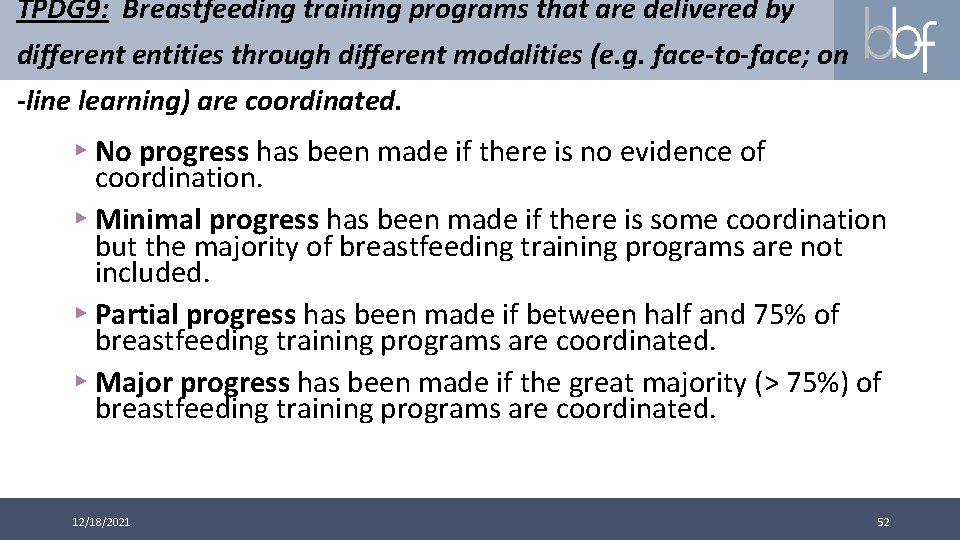 TPDG 9: Breastfeeding training programs that are delivered by different entities through different modalities