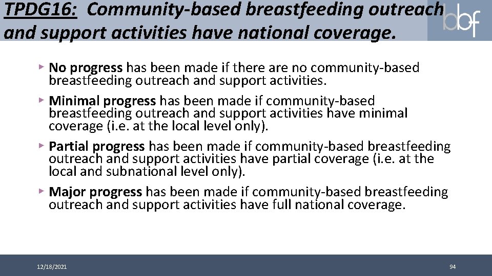 TPDG 16: Community-based breastfeeding outreach and support activities have national coverage. ▸ No progress