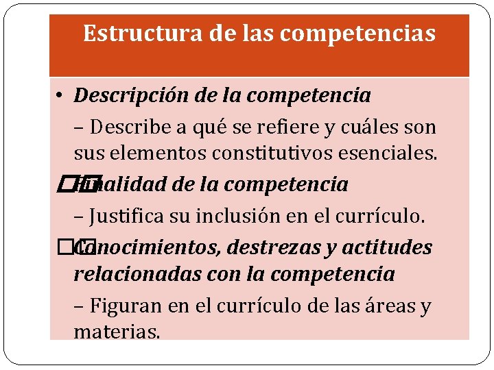 Estructura de las competencias • Descripción de la competencia – Describe a qué se