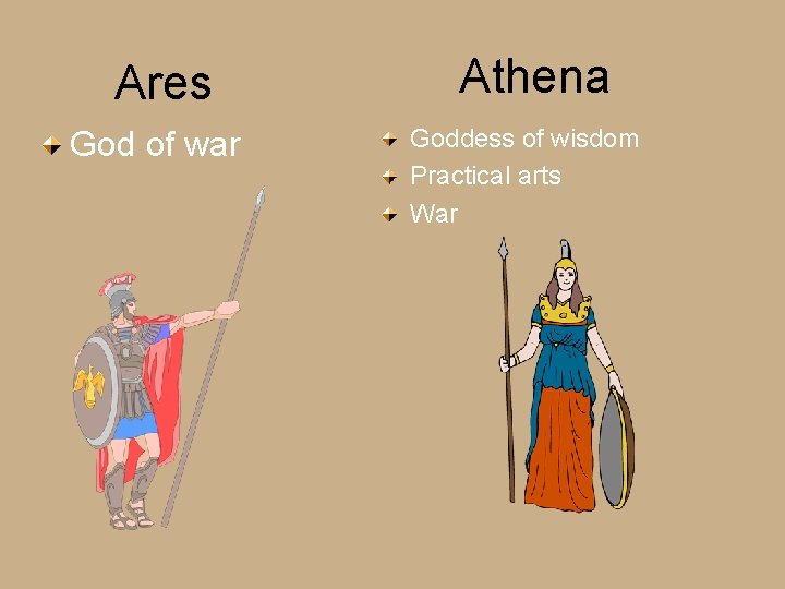 Ares God of war Athena Goddess of wisdom Practical arts War 