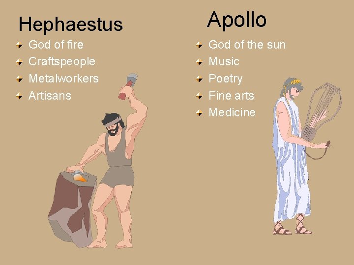 Hephaestus God of fire Craftspeople Metalworkers Artisans Apollo God of the sun Music Poetry