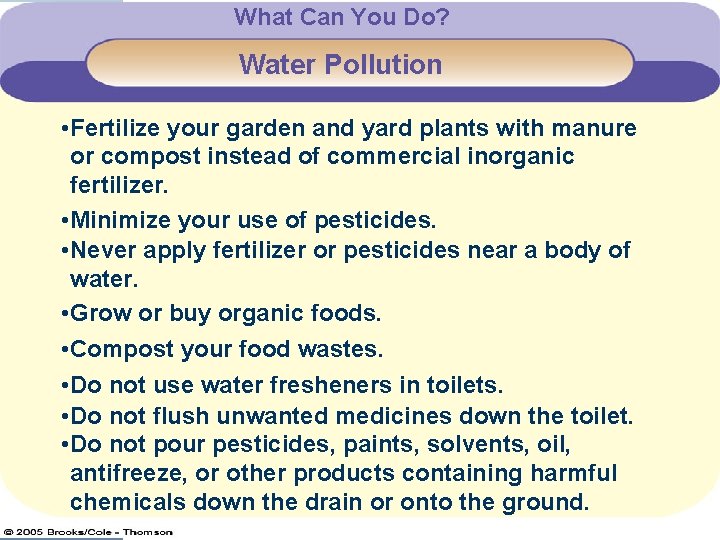 What Can You Do? Water Pollution • Fertilize your garden and yard plants with