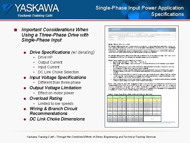 Yaskawa Training Café n Single-Phase Input Power Application Specifications Important Considerations When Using a