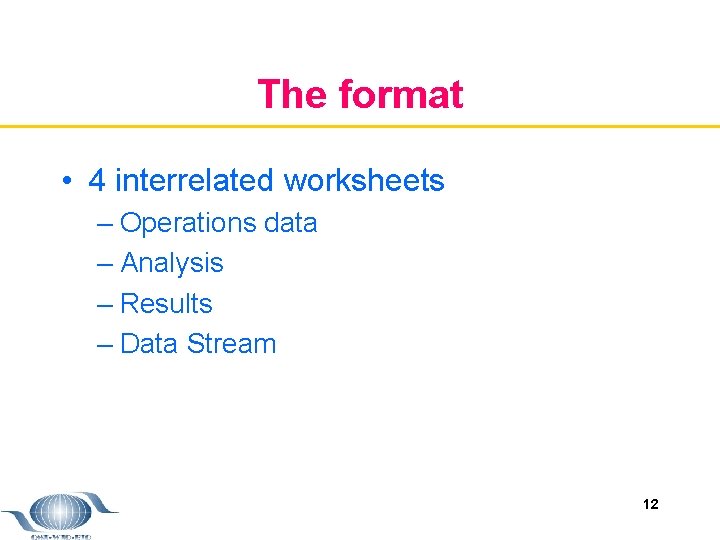 The format • 4 interrelated worksheets – Operations data – Analysis – Results –