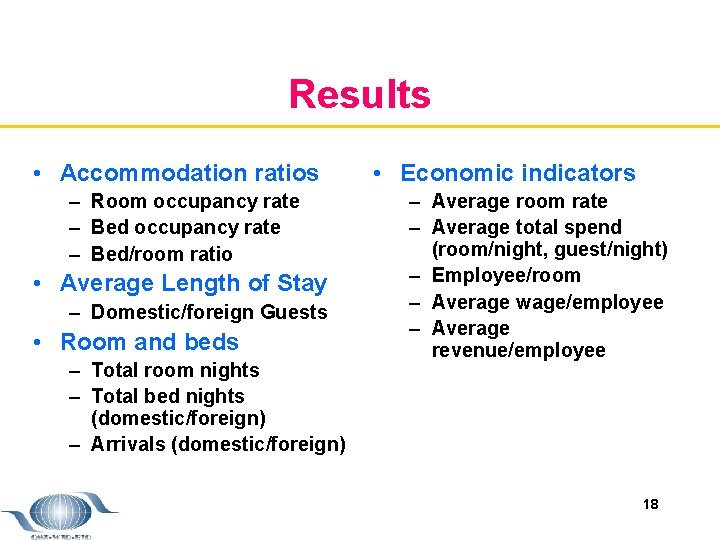 Results • Accommodation ratios – Room occupancy rate – Bed/room ratio • Average Length