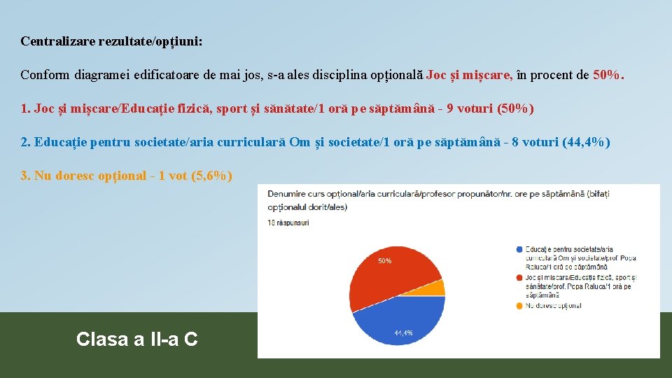 Centralizare rezultate/opțiuni: Conform diagramei edificatoare de mai jos, s-a ales disciplina opțională Joc și