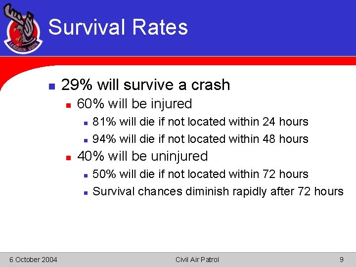 Survival Rates n 29% will survive a crash n 60% will be injured n
