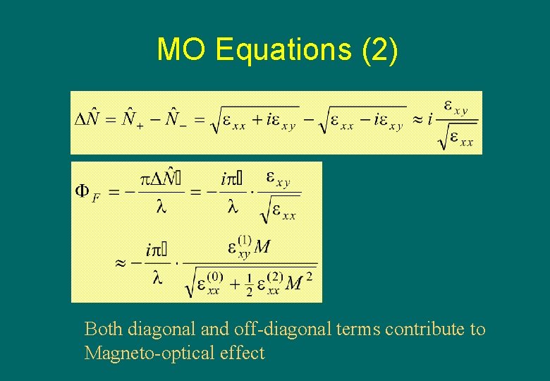 MO Equations (2) Both diagonal and off-diagonal terms contribute to Magneto-optical effect 