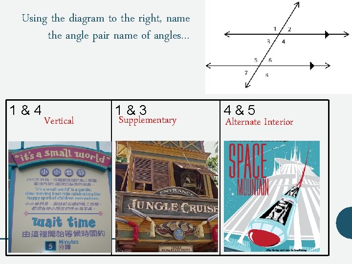 Using the diagram to the right, name the angle pair name of angles… 1&4