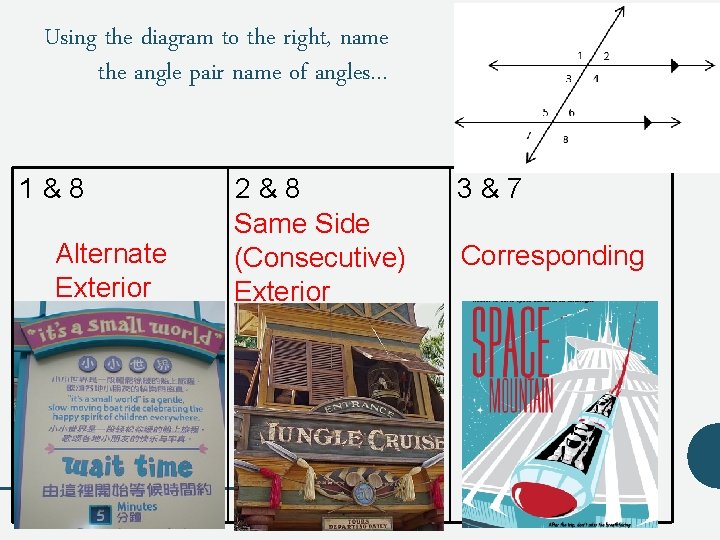 Using the diagram to the right, name the angle pair name of angles… 1&8