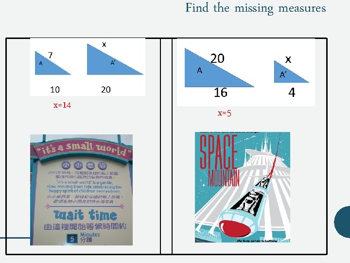 Find the missing measures x=14 x=5 