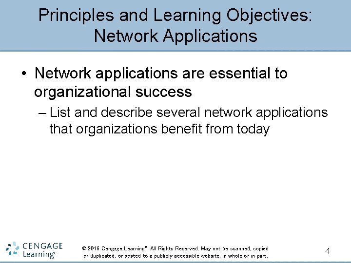 Principles and Learning Objectives: Network Applications • Network applications are essential to organizational success