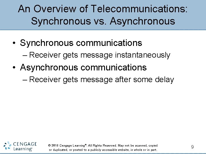 An Overview of Telecommunications: Synchronous vs. Asynchronous • Synchronous communications – Receiver gets message