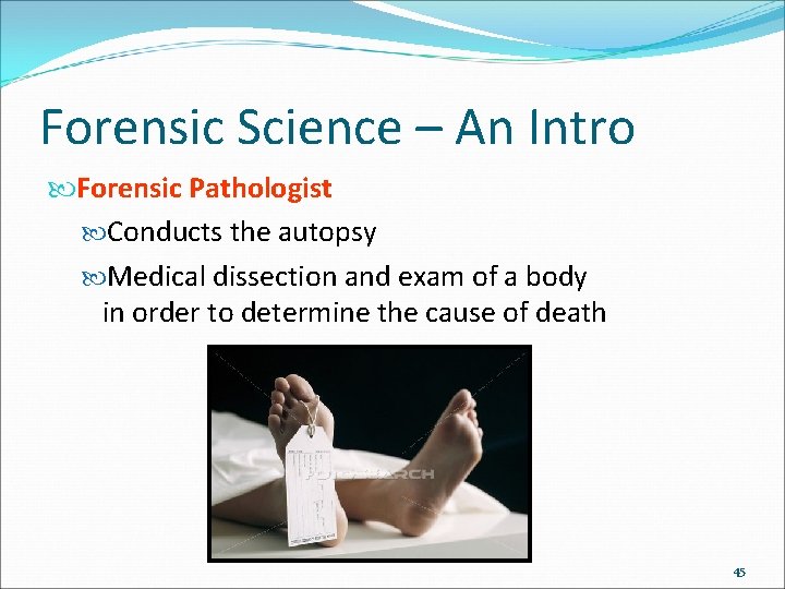 Forensic Science – An Intro Forensic Pathologist Conducts the autopsy Medical dissection and exam