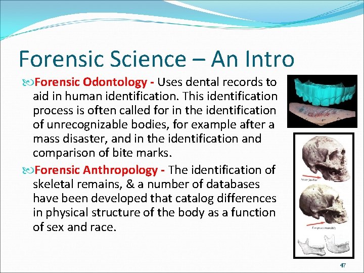 Forensic Science – An Intro Forensic Odontology - Uses dental records to aid in