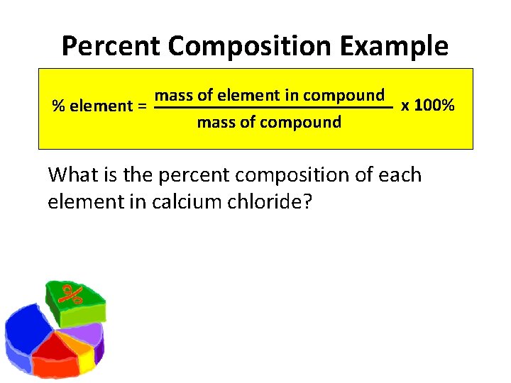 Percent Composition Example mass of element in compound _____________ x 100% % element =