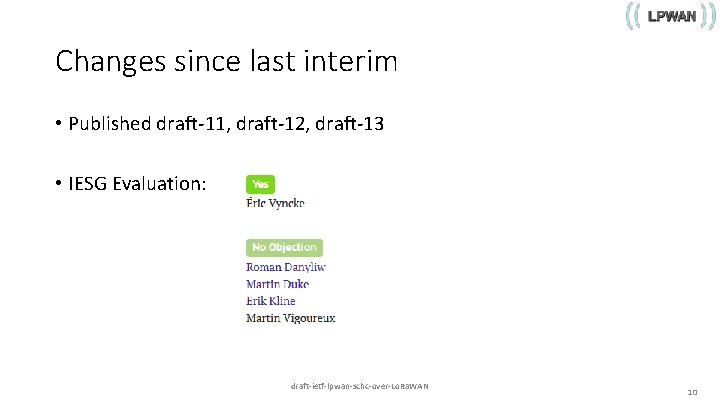 Changes since last interim • Published draft-11, draft-12, draft-13 • IESG Evaluation: draft-ietf-lpwan-schc-over-Lo. Ra.