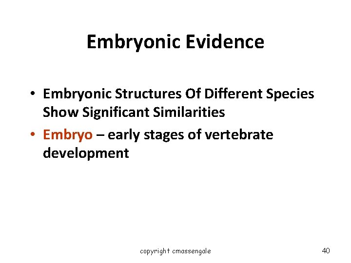 Embryonic Evidence • Embryonic Structures Of Different Species Show Significant Similarities • Embryo –
