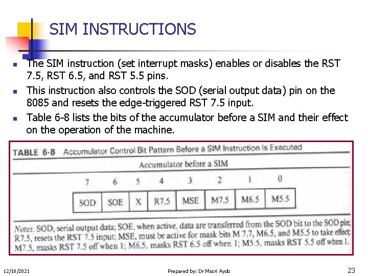 SIM INSTRUCTIONS n n n The SIM instruction (set interrupt masks) enables or disables