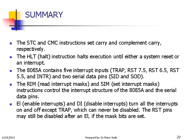 SUMMARY n n n 12/18/2021 The STC and CMC instructions set carry and complement