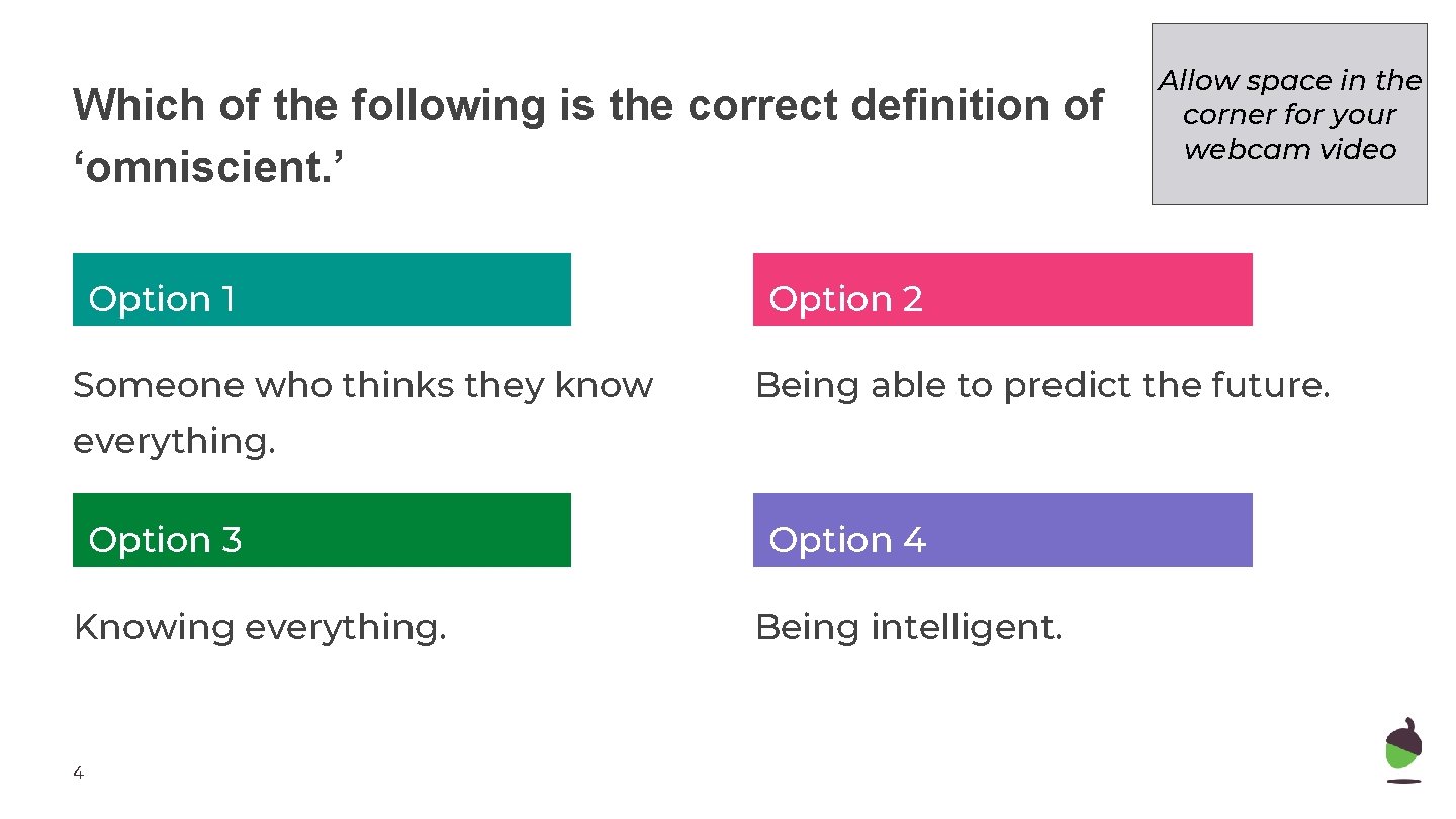 Which of the following is the correct definition of ‘omniscient. ’ Option 1 Someone