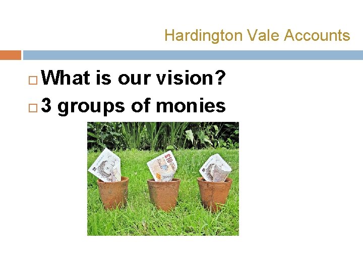 Hardington Vale Accounts What is our vision? 3 groups of monies 