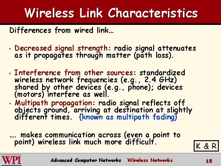 Wireless Link Characteristics Differences from wired link… § § § Decreased signal strength: radio