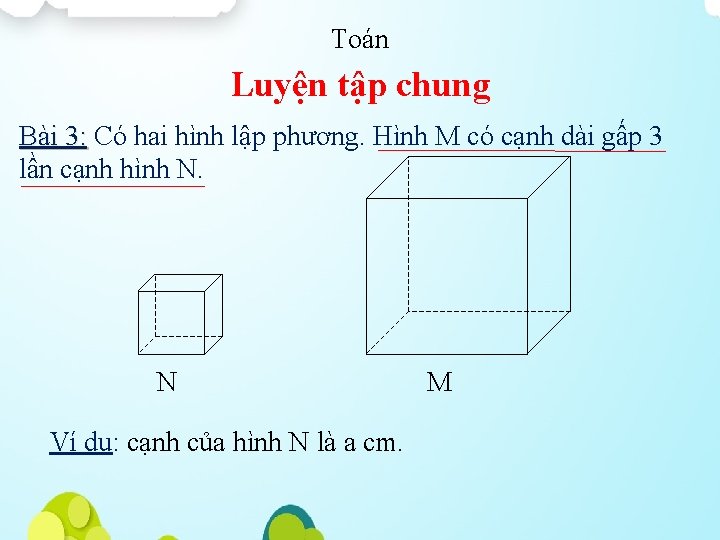 Toán Luyện tập chung Bài 3: Có hai hình lập phương. Hình M có