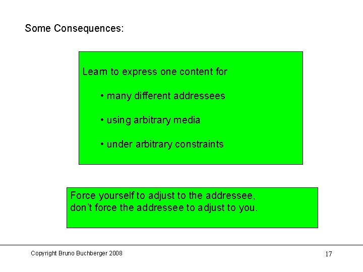 Some Consequences: Learn to express one content for • many different addressees • using
