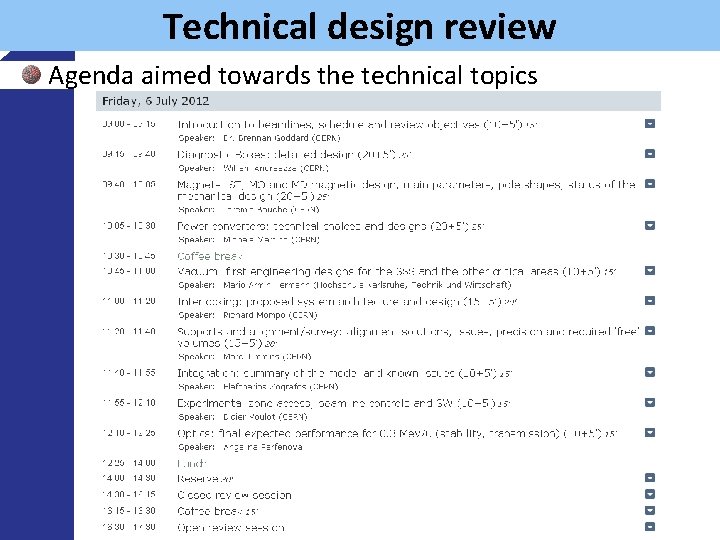 Technical design review Agenda aimed towards the technical topics 