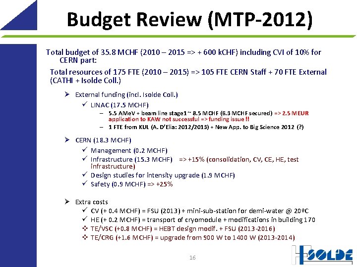 Budget Review (MTP-2012) Total budget of 35. 8 MCHF (2010 – 2015 => +