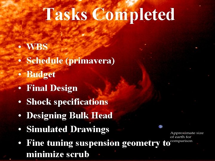 Tasks Completed • • WBS Schedule (primavera) Budget Final Design Shock specifications Designing Bulk