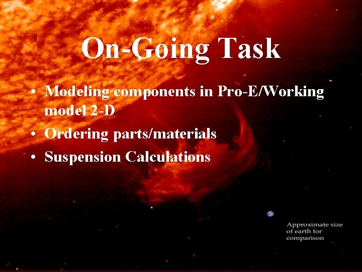 On-Going Task • Modeling components in Pro-E/Working model 2 -D • Ordering parts/materials •