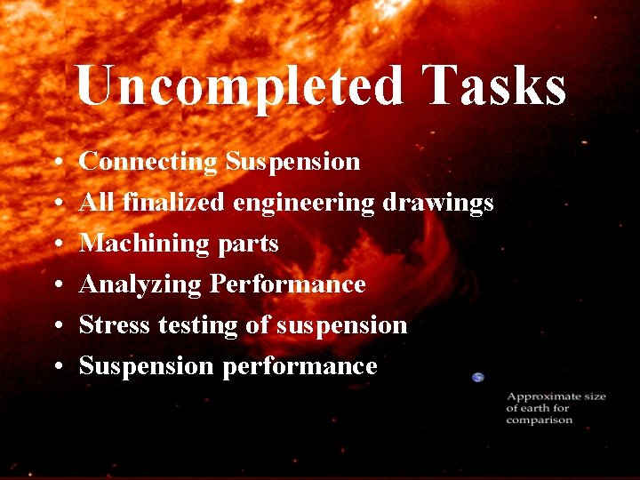 Uncompleted Tasks • • • Connecting Suspension All finalized engineering drawings Machining parts Analyzing