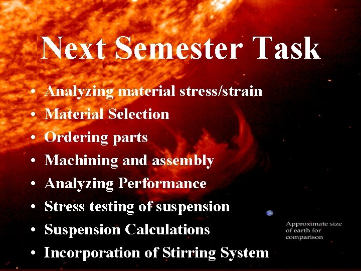 Next Semester Task • • Analyzing material stress/strain Material Selection Ordering parts Machining and